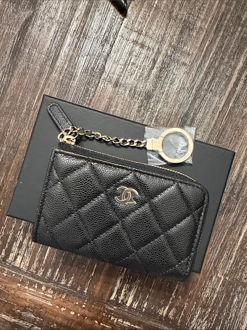 CHANEL Black Cavier Leather Card Case with keyholder